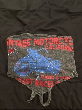 Vintage Motorcycle Graphic Crop Top - Black with Blue & Red Print